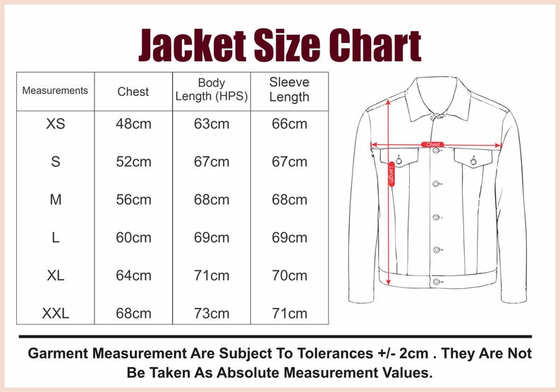 May include: A jacket size chart with measurements in centimeters. The chart includes chest, body length, and sleeve length for sizes XS to XXL. A line drawing of a jacket illustrates the measurement points. Text at the bottom states measurements are subject to tolerances.