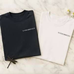 Roman Numeral Embroidered Matching T-Shirts, Couple Initials with Heart Sleeve Tees, Personalised Wedding Presents, Newlywed Couple Gifts