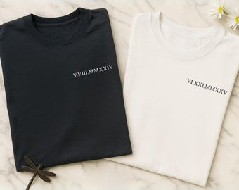 Roman Numeral Embroidered Matching T-Shirts, Couple Initials with Heart Sleeve Tees, Personalised Wedding Presents, Newlywed Couple Gifts
