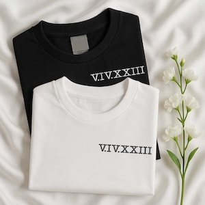 Roman Numeral Embroidered T-Shirt for Couple, Personalised 1st Anniversary Matching Shirts, Initials with Heart Sleeve Tee, Engagement Gifts