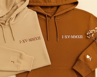Roman Numeral Couple Matching Hoodies, Embroidered His and Hers Engagement Presents, Custom Wedding Anniversary Gift, Bf & Gf Christmas Gift
