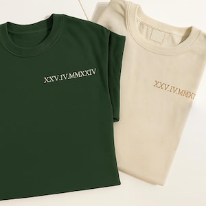 Personalised Roman Numerals Embroidered T-Shirt, Custom Couple Matching Anniversary Shirts, His & Hers Initials Tees, Christmas Gift for Him