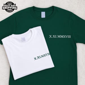 Roman Numerals Embroidered Matching T-Shirt, Couple Engagement Presents, Custom Initial with Heart Sleeve Tee, Anniversary or Christmas Gift