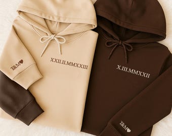 Custom Roman Numerals Date Hoodies, Embroidered Couple Matching Wedding Hoodie, Initials on Sleeve, Christmas or Anniversary Gift for Couple