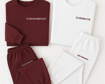 Conjunto de sudadera y pantalón deportivo a juego para pareja, chándal personalizado con bordado de números romanos, regalo de aniversario para pareja, regalo de compromiso.