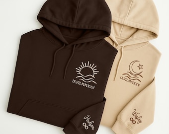 Personalised Couple Hoodies, Sun and Moon Embroidered Hoodies, Roman Numeral Matching Hoodie, His & Hers Wedding Gift, Wife Anniversary Gift