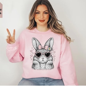 Felpa preppy con coniglietto pasquale, maglione retrò con coniglietto carino, pullover con grafica coniglietto con occhiali, girocollo stampato Coquette, regalo di Natale Eater