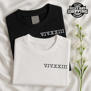 Personalised Roman Numerals T-Shirt, Embroidered Couple Matching Engagement Presents, Custom Initial with Heart Sleeve Tees, Honeymoon Gift