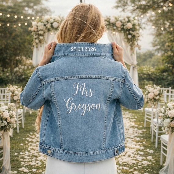 Personalised Bridal Denim Jacket, Custom Jean Jacket for Bride to Be, Embroidered Mrs Jean Jacket, Bachelorette Party Gifts, Wedding Jacket