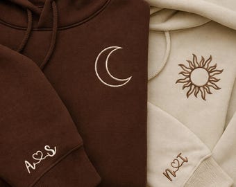 Personalised Sun and Moon Couple Hoodies, Embroidered Initials with Heart on Sleeve Hoodie, Custom Matching Anniversary Gift, Boyfriend Gift