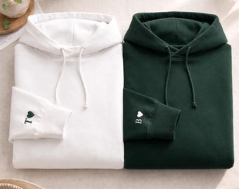 Custom Embroidered Initial with Heart Sleeve Hoodie, Personalised Couple Anniversary Sweatshirt, Matching His and Hers Shirts, Wedding Gifts