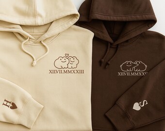 Embroidered Couple Frog Hoodie, Custom Roman Numerals Hoodie With Initials, Matching Hoodies for Couple, Cute Kissing Frog, Anniversary Gift