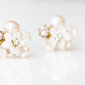 Little Mother of Pearl Flower and Rhinestone Cluster Stud Earrings image 1