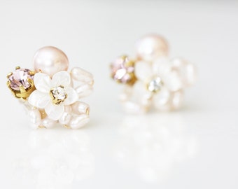 Little Mother of Pearl Flower and Rhinestone Cluster Stud Earrings