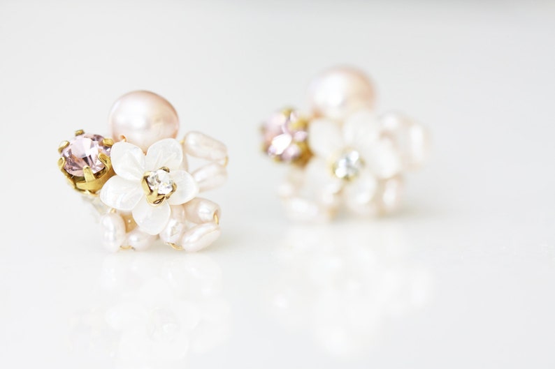 Little Mother of Pearl Flower and Rhinestone Cluster Stud Earrings image 1