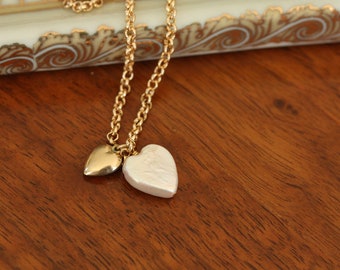 Upcycled Etched Gold Heart and Freshwater Pearl Heart Pendant Necklace