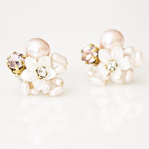 Little Mother of Pearl Flower and Rhinestone Cluster Stud Earrings image 4