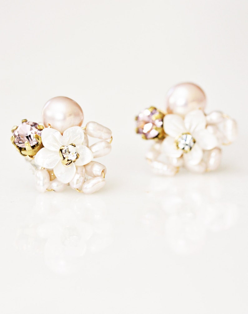 Little Mother of Pearl Flower and Rhinestone Cluster Stud Earrings image 4