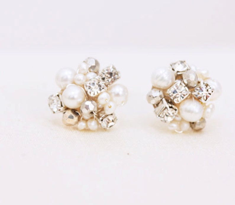 Pearl and Rhinestone Cluster Stud Earrings Etsy