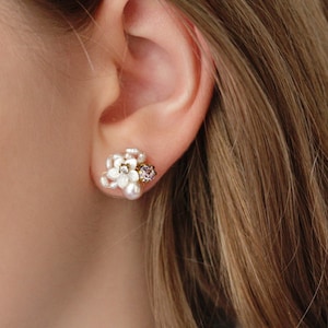 Little Mother of Pearl Flower and Rhinestone Cluster Stud Earrings image 2