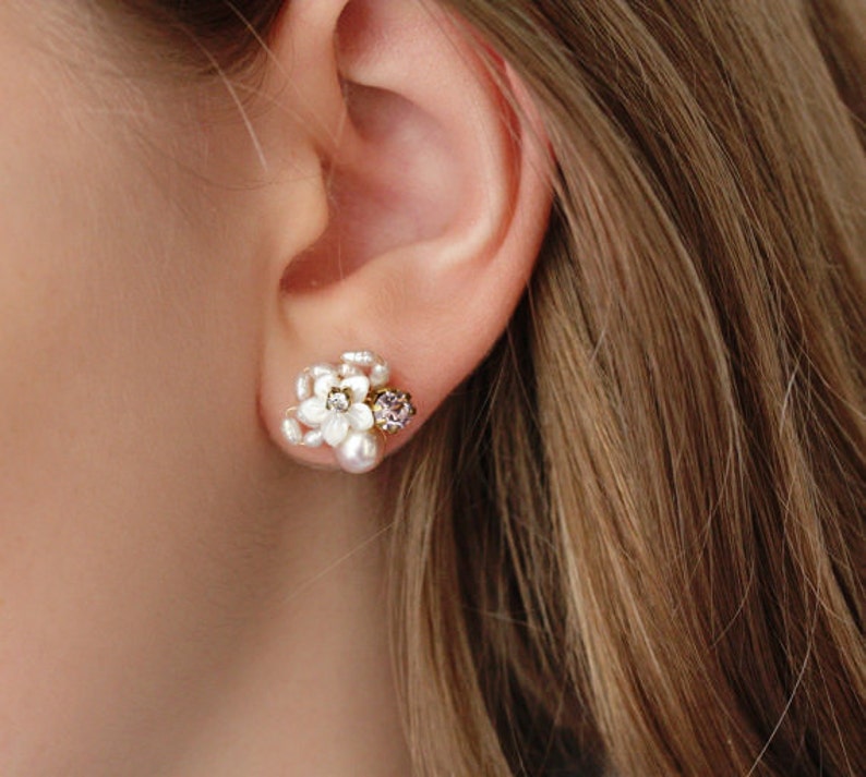 Little Mother of Pearl Flower and Rhinestone Cluster Stud Earrings image 2