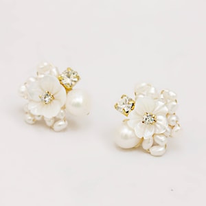 Little Mother of Pearl Flower and Rhinestone Cluster Stud Earrings image 5