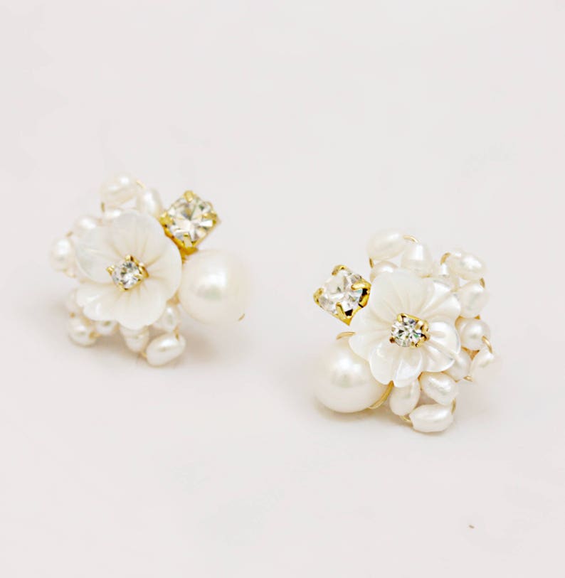 Little Mother of Pearl Flower and Rhinestone Cluster Stud Earrings image 5