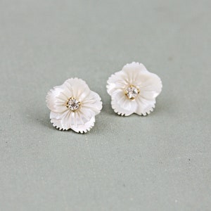 Hand Carved Mother of Pearl Delicate Flower and Rhinestone Stud Earrings