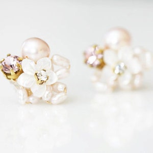 Little Mother of Pearl Flower and Rhinestone Cluster Stud Earrings image 3