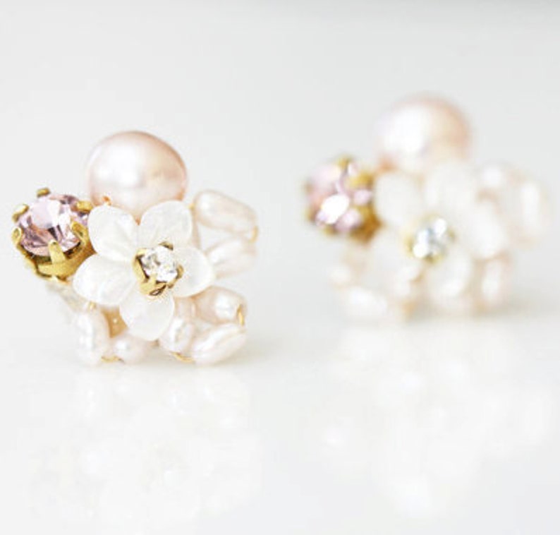 Little Mother of Pearl Flower and Rhinestone Cluster Stud Earrings image 3
