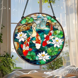 Japanese Koi Fish Stained Glass Window Panel, Garden Wall Decor, Handmade Suncatcher Art Gift for Nature Lovers and Spiritual Homes