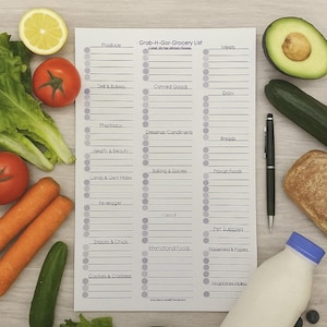 May include: A grocery list titled "Grab-H-Gor-Grocery List" with sections for produce, dairy, and more. The image includes fresh produce like tomatoes, carrots, and avocado, along with a milk bottle and blueberries.