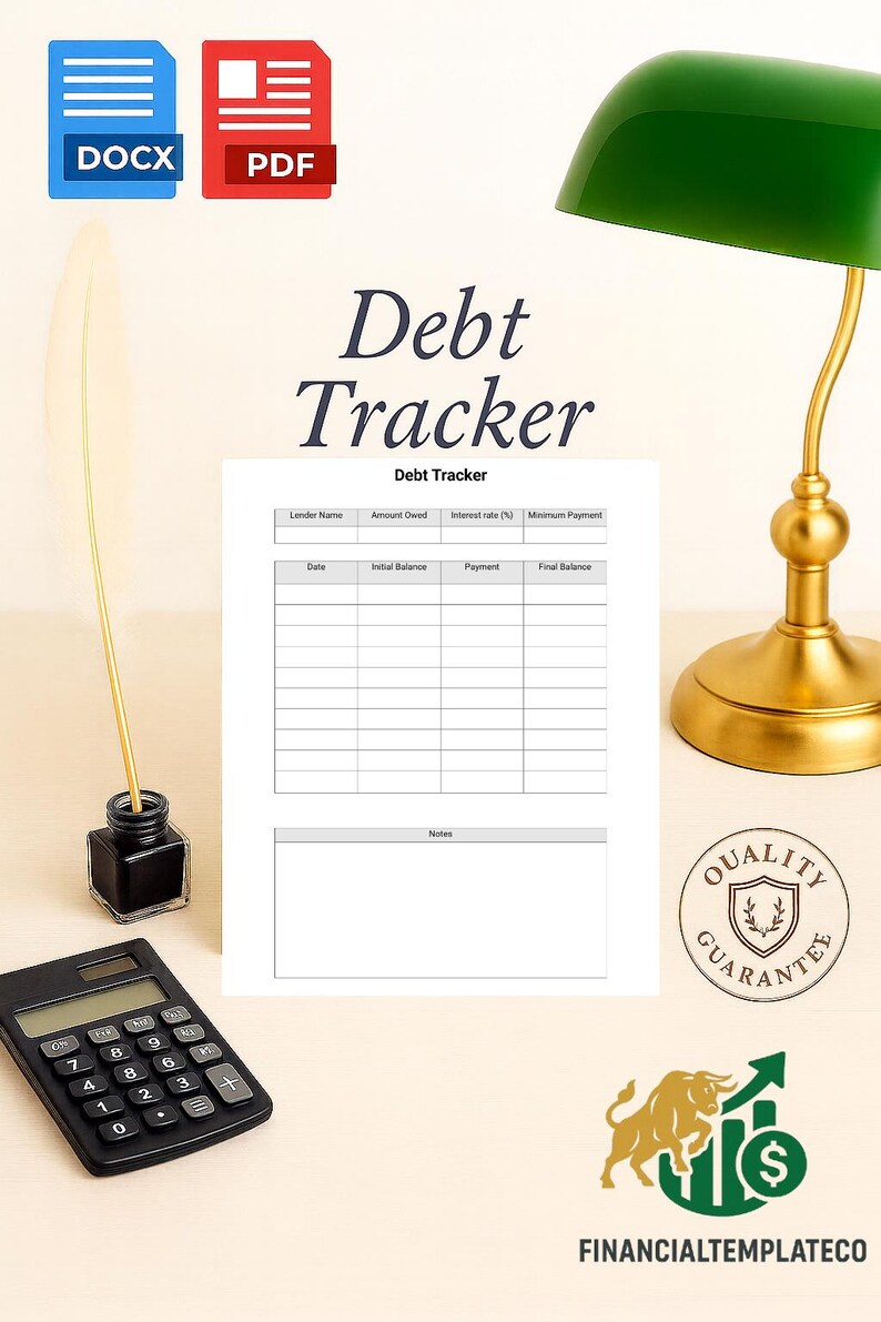 Debt Tracker Template PDF &amp; DOCX | Simple Printable Debt Payoff Log | Personal Finance Planner ...