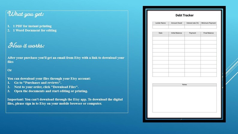 Debt Tracker Template PDF &amp; DOCX | Simple Printable Debt Payoff Log | Personal Finance Planner ...