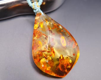 Teardrop Baltic Amber Pendant: Polished Honey with Botanical Inclusions