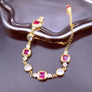 Bracelet italien rubis et diamants – or 18 carats | Bijoux de luxe vintage en pierre rouge de taille carrée