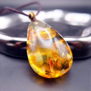 Teardrop Baltic Amber Pendant: Polished Honey with Botanical Inclusions