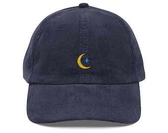 Embroidered Crescent Moon Corduroy Cap, Celestial Hat, Boho Retro Cap, Lunar Embroidery Baseball Hat, Vintage Moon Hat