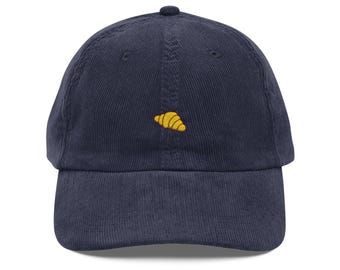 Gorra de pana con bordado de croissant, gorro de panadero vintage, ropa informal para amantes de la gastronomía.