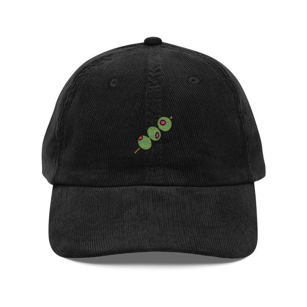 Embroidered Olive Corduroy Hat, Foodie Clothing Gift, Vintage Cap, Foodie Gift, Martini Lover Hat, Food Hat, Corduroy Hat, Embroidered Cap