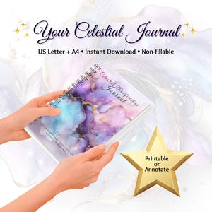 May include: A spiral-bound journal with a celestial design, held in hands. The cover features a watercolor-style blend of purple, blue, and gold. Text on the cover reads "Celestial Manifestation Journal". Additional text includes "Your Celestial Journal" and "Printable or Annotate".