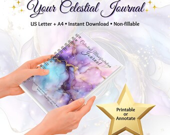 May include: A journal with a celestial design, held in hands. The cover features a watercolor-style blend of purple, blue, and gold. Text on the cover reads "Celestial Manifestation Journal". Additional text includes "Your Celestial Journal" and "Printable or Annotate".