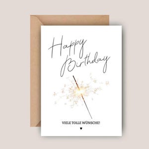 Minimalistische Geburtstagskarte mit Happy Birthday Schriftzug und Wunderkerze