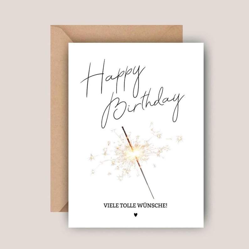 Minimalistische Geburtstagskarte mit Happy Birthday Schriftzug und Wunderkerze