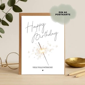Weiße Postkarte mit Wunderkerzen Motiv und Geburtstagsgruß