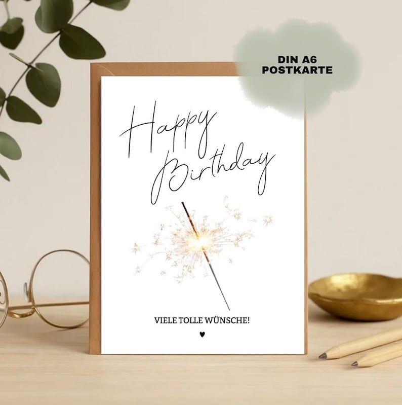 Weiße Postkarte mit Wunderkerzen Motiv und Geburtstagsgruß