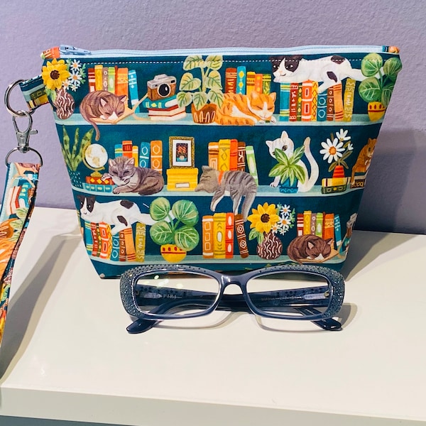 Zipper pouch | Fabric zipper bag | travel cosmetic bag | cute Teacher gift | books lover | books and cats | stadium bag | educator gift |