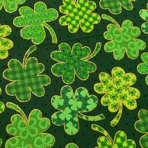 Saint Patrick’s Day cotton fabric with glitter | holiday cotton fabric | sparkle fabric | gold glitter fabric | glitter blingy shamrocks