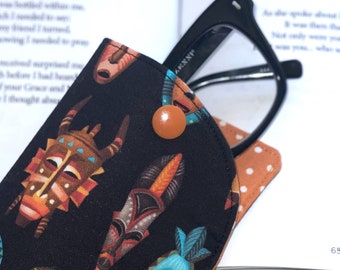 Artistic mask themed padded fabric eyeglass case, soft pouch for eye glasses, sunglass pouch, case with snap closure, eyewear storage pouch