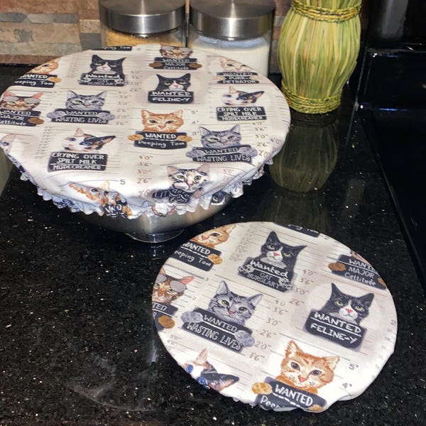 Reversible Fabric Bowl Cover: Cat lover gift, Mugshot theme